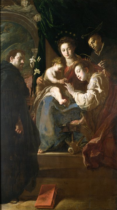 Mystiek huwelijk van St. Catharina en het Christuskind met Peter de Martelaar door Domenico Fetti or Feti